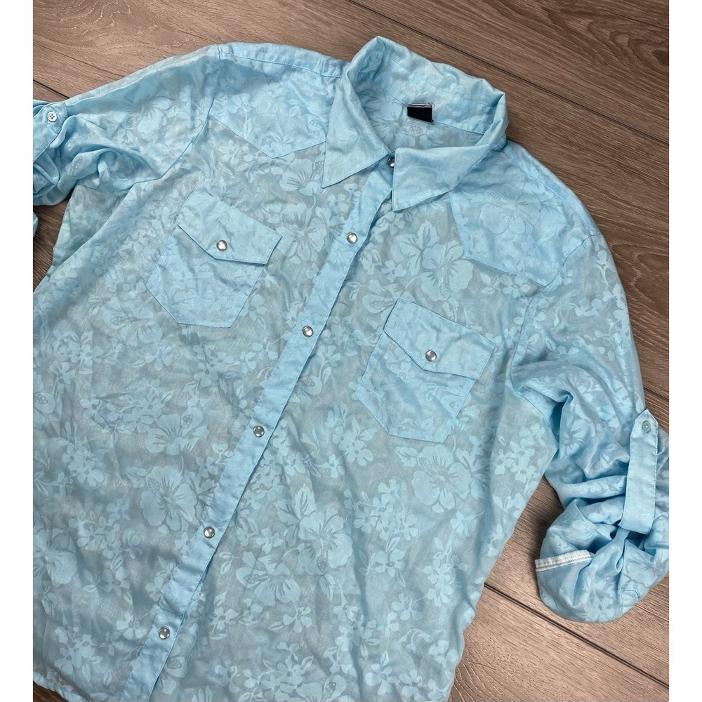Gap Women's Long Sleeve Pearl Snap Sheer Button Up Shirt Blue Size XL *read